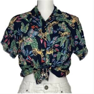 Philosophy Tropical Midnight Tiger Short Sleeve Crop Shirt Top Fray Edge XS